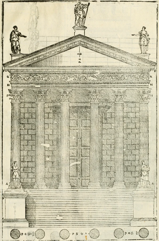 An illustration from I quattro libri dell'architettura di Andrea Palladio : ne' quali, dopò vn breue trattato de' cinque ordini, & di quelli auertimenti, che sono più necesarij nel fabricare : si tratta delle case private, delle vie, de i ponti, delle piazze, de i xisti, & de'tempij, 1616, leaf 310