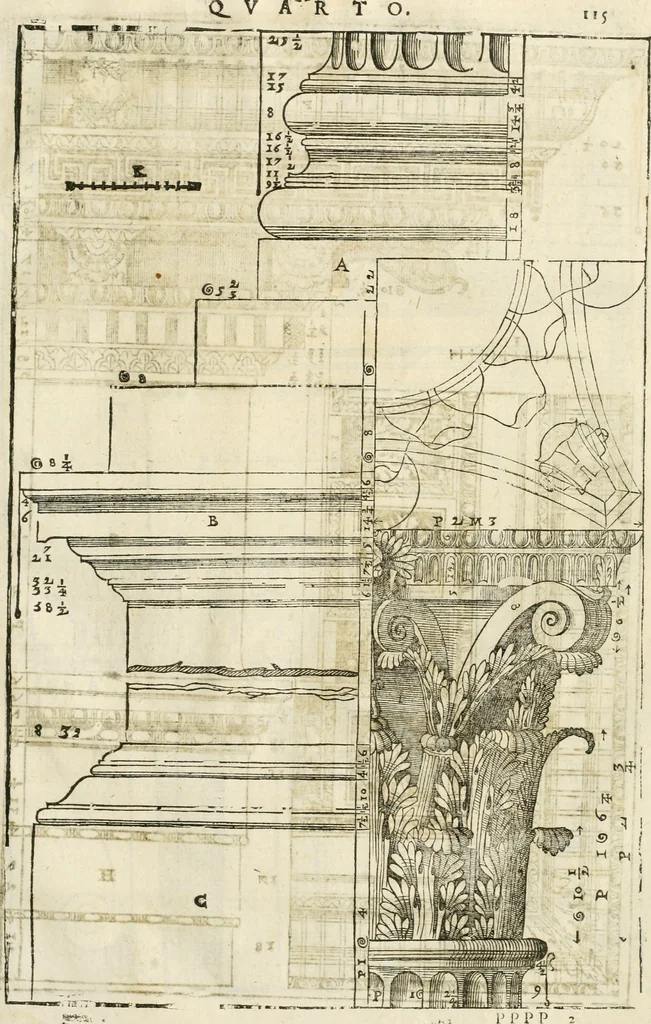 An illustration from I quattro libri dell'architettura di Andrea Palladio : ne' quali, dopò vn breue trattato de' cinque ordini, & di quelli auertimenti, che sono più necesarij nel fabricare : si tratta delle case private, delle vie, de i ponti, delle piazze, de i xisti, & de'tempij, 1616, leaf 312