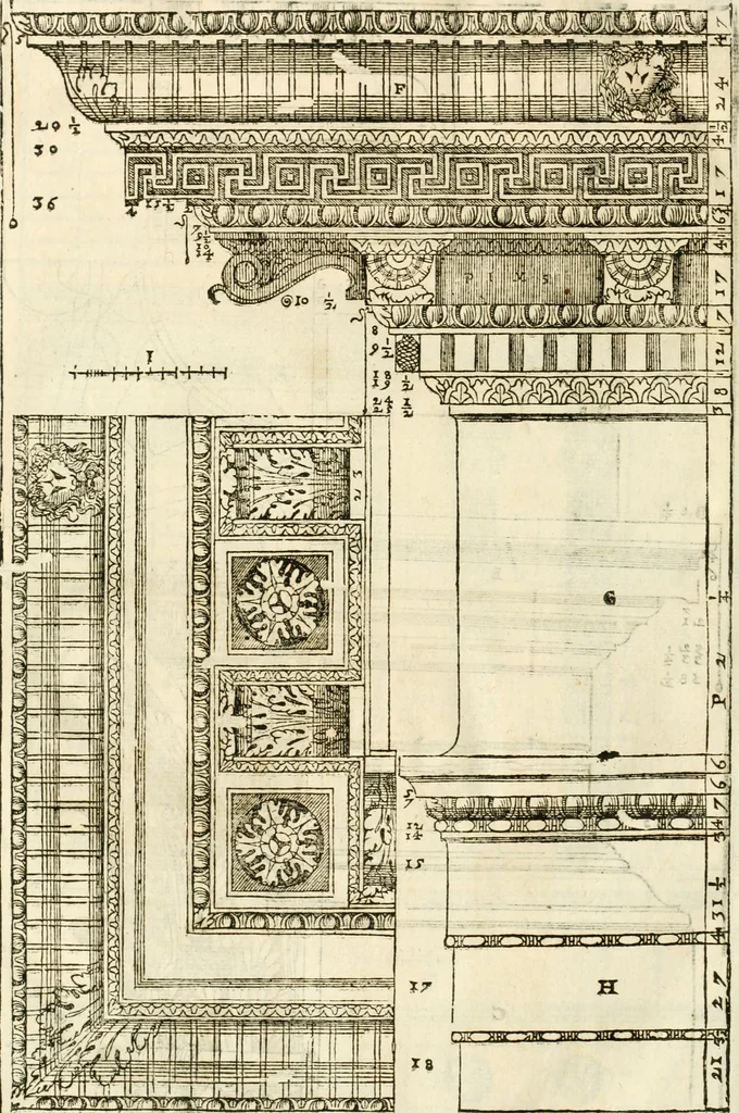An illustration from I quattro libri dell'architettura di Andrea Palladio : ne' quali, dopò vn breue trattato de' cinque ordini, & di quelli auertimenti, che sono più necesarij nel fabricare : si tratta delle case private, delle vie, de i ponti, delle piazze, de i xisti, & de'tempij, 1616, leaf 313