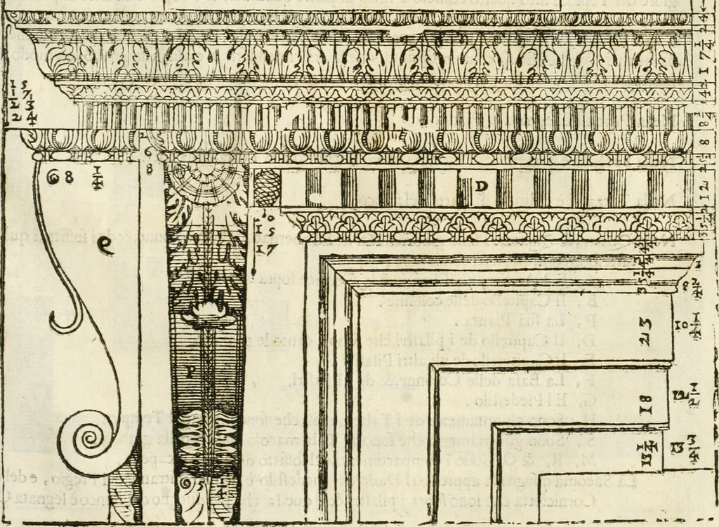An illustration from I quattro libri dell'architettura di Andrea Palladio : ne' quali, dopò vn breue trattato de' cinque ordini, & di quelli auertimenti, che sono più necesarij nel fabricare : si tratta delle case private, delle vie, de i ponti, delle piazze, de i xisti, & de'tempij, 1616, leaf 314
