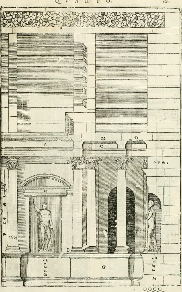 An illustration from I quattro libri dell'architettura di Andrea Palladio : ne' quali, dopò vn breue trattato de' cinque ordini, & di quelli auertimenti, che sono più necesarij nel fabricare : si tratta delle case private, delle vie, de i ponti, delle piazze, de i xisti, & de'tempij, 1616, leaf 318