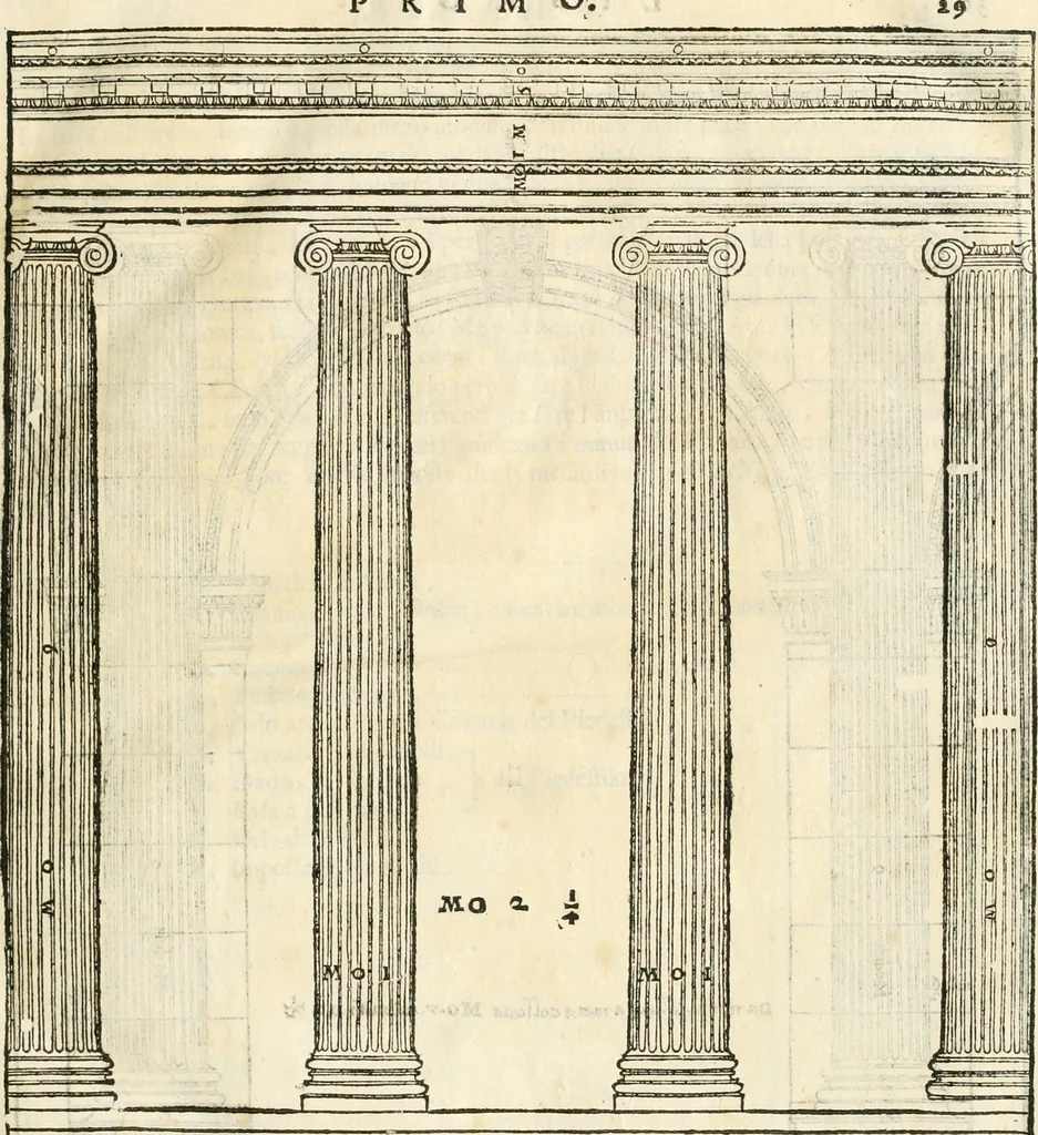 An illustration from I quattro libri dell'architettura di Andrea Palladio : ne' quali, dopò vn breue trattato de' cinque ordini, & di quelli auertimenti, che sono più necesarij nel fabricare : si tratta delle case private, delle vie, de i ponti, delle piazze, de i xisti, & de'tempij, 1616, leaf 32