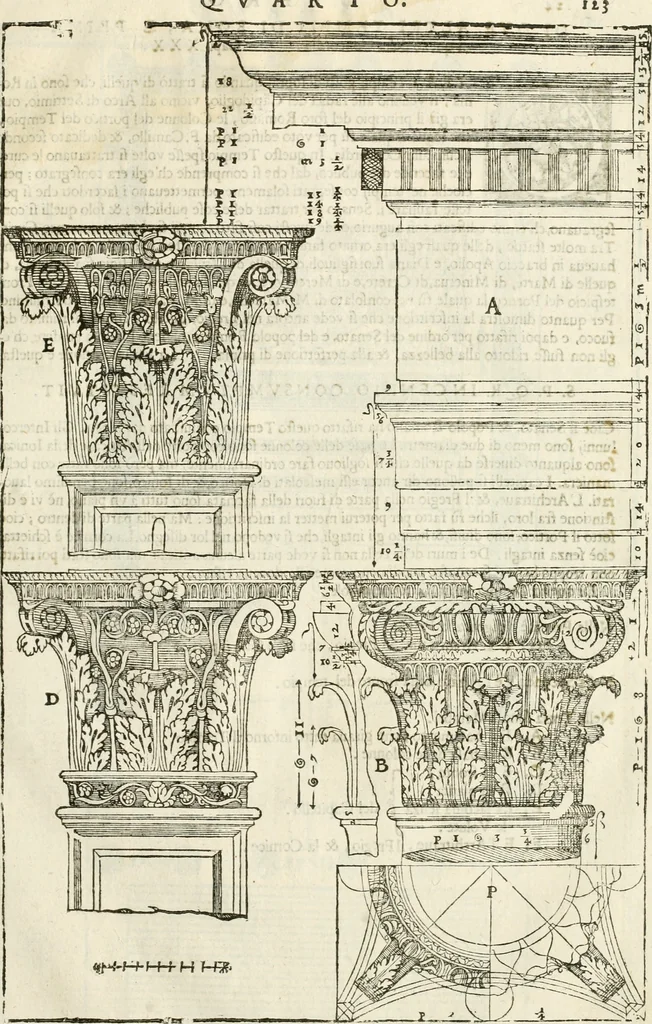 An illustration from I quattro libri dell'architettura di Andrea Palladio : ne' quali, dopò vn breue trattato de' cinque ordini, & di quelli auertimenti, che sono più necesarij nel fabricare : si tratta delle case private, delle vie, de i ponti, delle piazze, de i xisti, & de'tempij, 1616, leaf 320