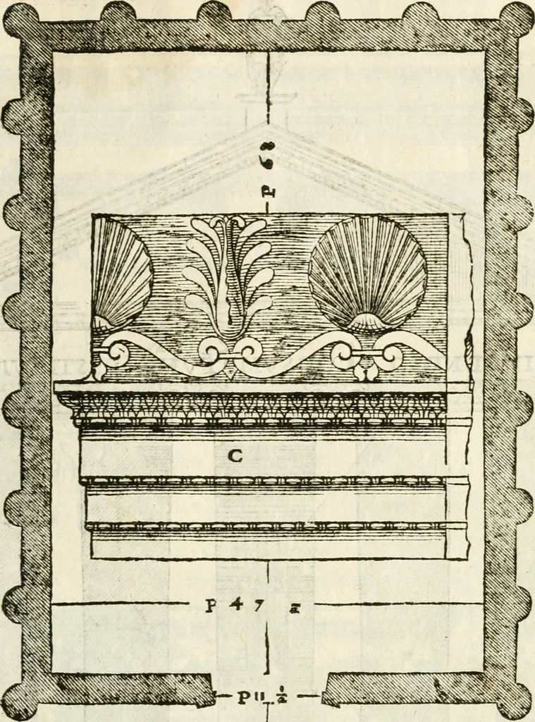 An illustration from I quattro libri dell'architettura di Andrea Palladio : ne' quali, dopò vn breue trattato de' cinque ordini, & di quelli auertimenti, che sono più necesarij nel fabricare : si tratta delle case private, delle vie, de i ponti, delle piazze, de i xisti, & de'tempij, 1616, leaf 322