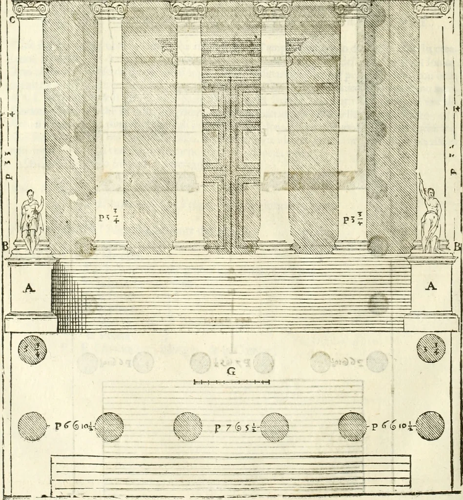 An illustration from I quattro libri dell'architettura di Andrea Palladio : ne' quali, dopò vn breue trattato de' cinque ordini, & di quelli auertimenti, che sono più necesarij nel fabricare : si tratta delle case private, delle vie, de i ponti, delle piazze, de i xisti, & de'tempij, 1616, leaf 323