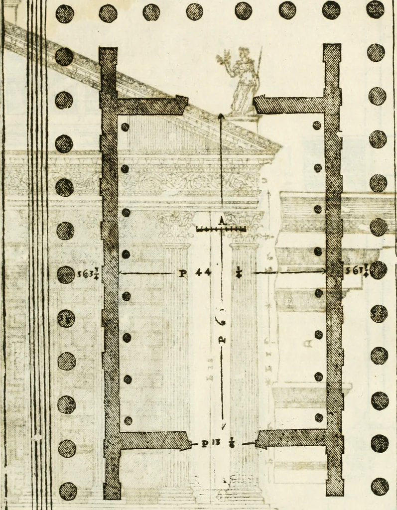 An illustration from I quattro libri dell'architettura di Andrea Palladio : ne' quali, dopò vn breue trattato de' cinque ordini, & di quelli auertimenti, che sono più necesarij nel fabricare : si tratta delle case private, delle vie, de i ponti, delle piazze, de i xisti, & de'tempij, 1616, leaf 326