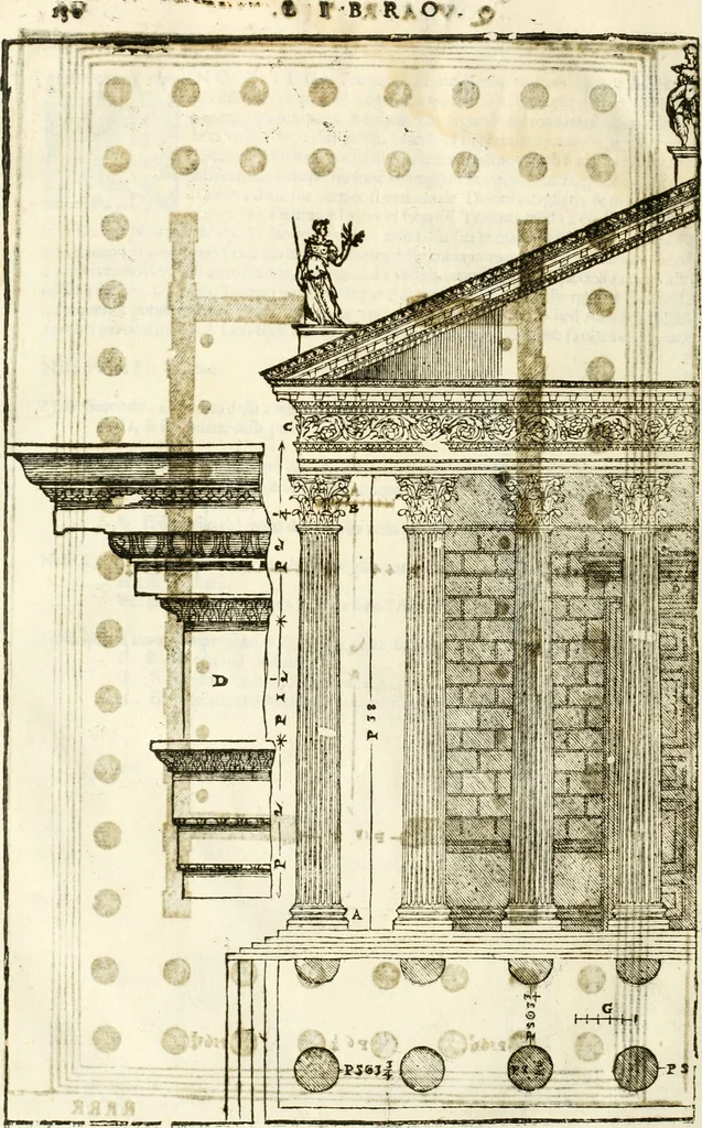 An illustration from I quattro libri dell'architettura di Andrea Palladio : ne' quali, dopò vn breue trattato de' cinque ordini, & di quelli auertimenti, che sono più necesarij nel fabricare : si tratta delle case private, delle vie, de i ponti, delle piazze, de i xisti, & de'tempij, 1616, leaf 327