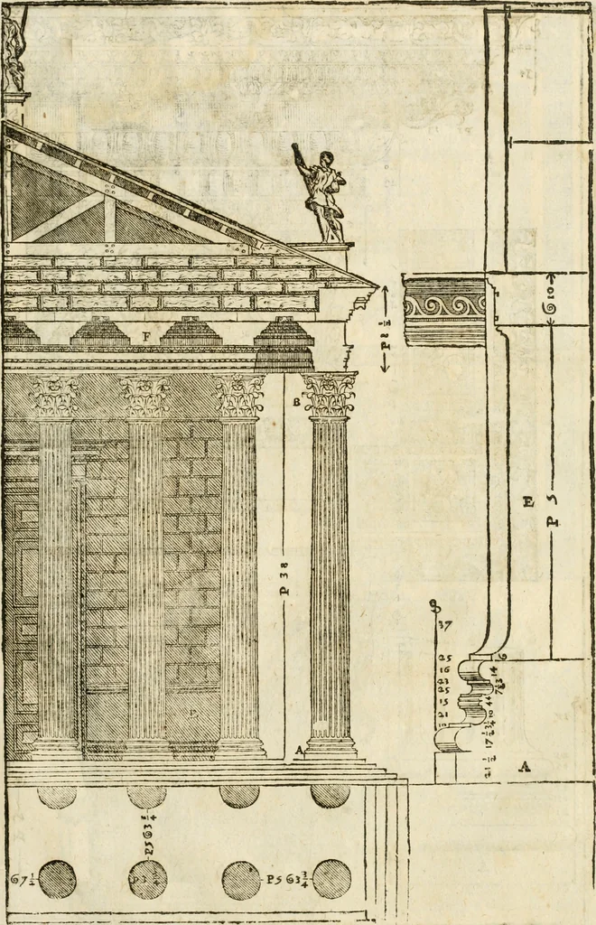 An illustration from I quattro libri dell'architettura di Andrea Palladio : ne' quali, dopò vn breue trattato de' cinque ordini, & di quelli auertimenti, che sono più necesarij nel fabricare : si tratta delle case private, delle vie, de i ponti, delle piazze, de i xisti, & de'tempij, 1616, leaf 328