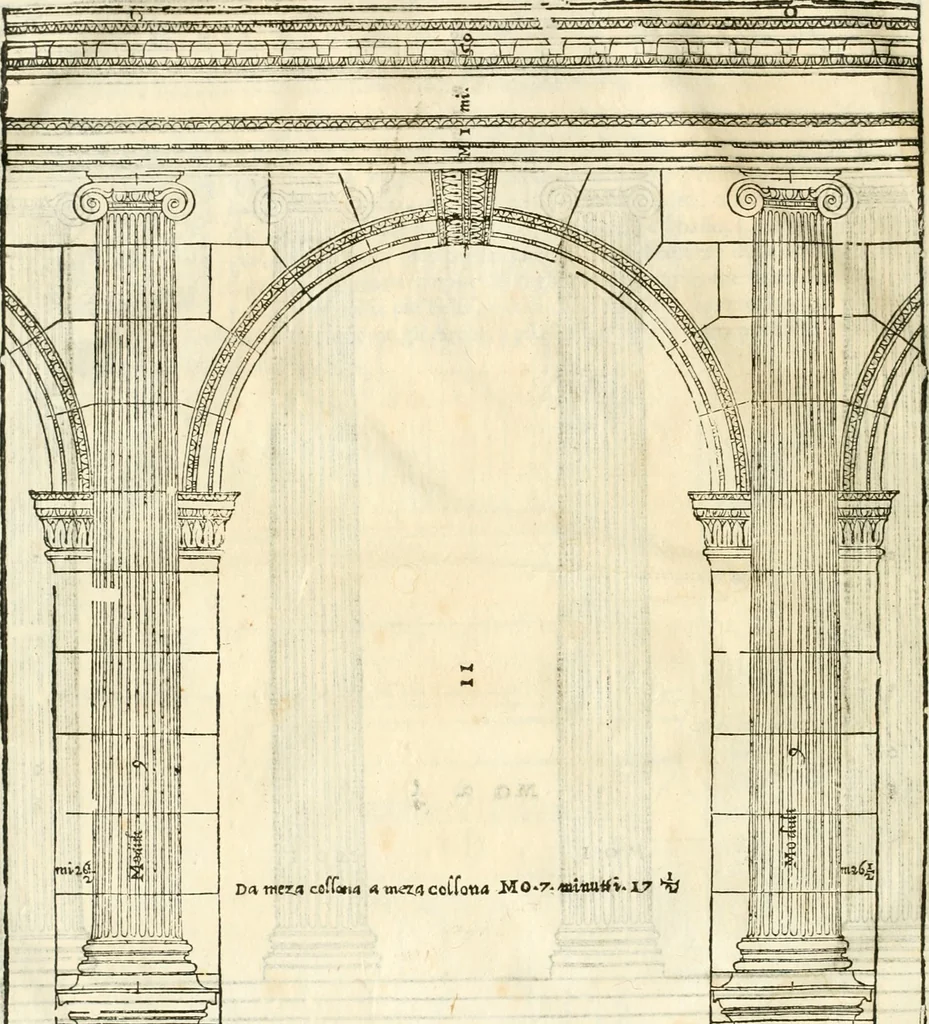 An illustration from I quattro libri dell'architettura di Andrea Palladio : ne' quali, dopò vn breue trattato de' cinque ordini, & di quelli auertimenti, che sono più necesarij nel fabricare : si tratta delle case private, delle vie, de i ponti, delle piazze, de i xisti, & de'tempij, 1616, leaf 33