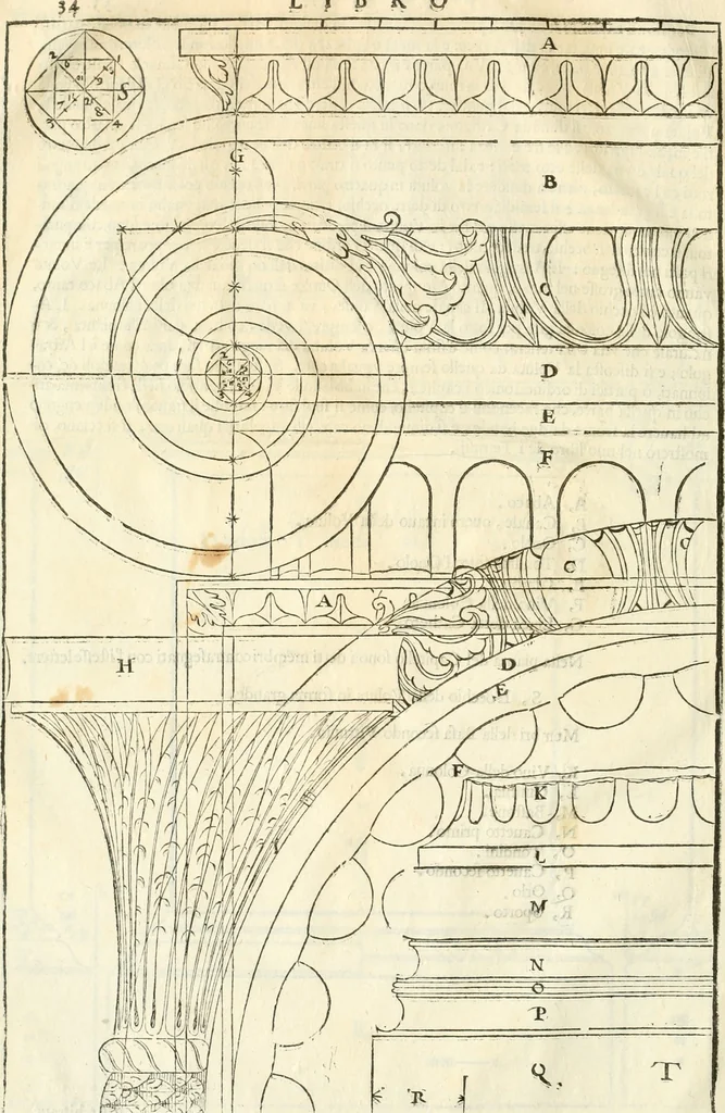 An illustration from I quattro libri dell'architettura di Andrea Palladio : ne' quali, dopò vn breue trattato de' cinque ordini, & di quelli auertimenti, che sono più necesarij nel fabricare : si tratta delle case private, delle vie, de i ponti, delle piazze, de i xisti, & de'tempij, 1616, leaf 37