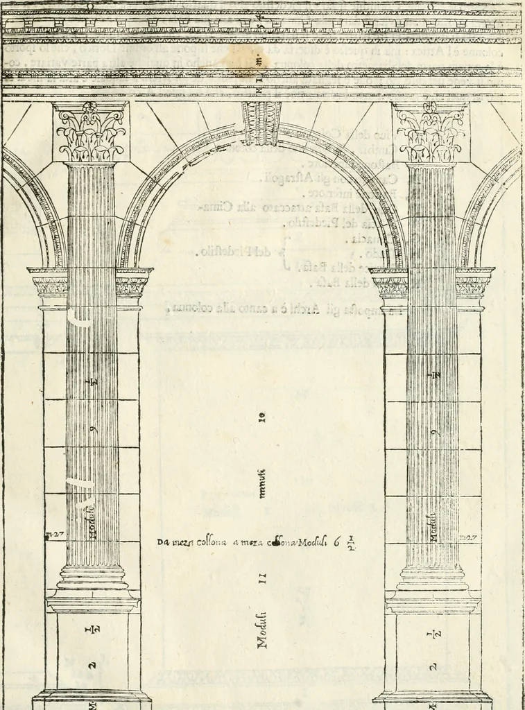 An illustration from I quattro libri dell'architettura di Andrea Palladio : ne' quali, dopò vn breue trattato de' cinque ordini, & di quelli auertimenti, che sono più necesarij nel fabricare : si tratta delle case private, delle vie, de i ponti, delle piazze, de i xisti, & de'tempij, 1616, leaf 42