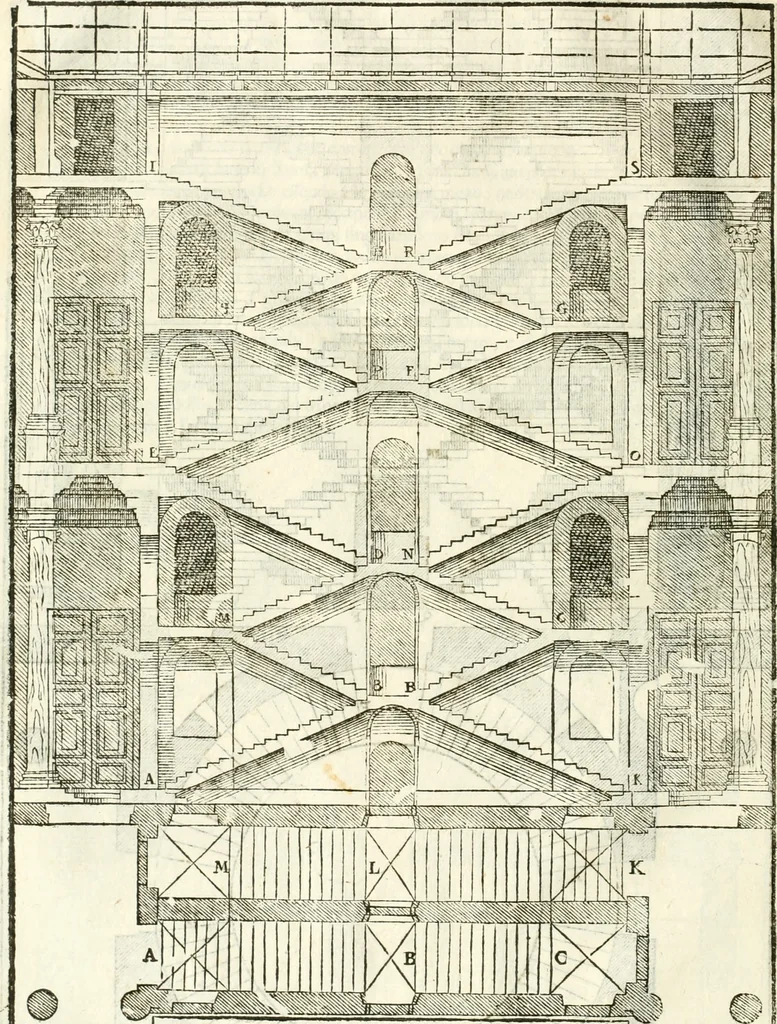 An illustration from I quattro libri dell'architettura di Andrea Palladio : ne' quali, dopò vn breue trattato de' cinque ordini, & di quelli auertimenti, che sono più necesarij nel fabricare : si tratta delle case private, delle vie, de i ponti, delle piazze, de i xisti, & de'tempij, 1616, leaf 69