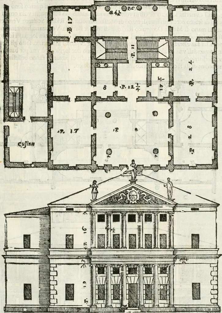 An illustration from I quattro libri dell'architettura di Andrea Palladio : ne' quali, dopò vn breue trattato de' cinque ordini, & di quelli auertimenti, che sono più necesarij nel fabricare : si tratta delle case private, delle vie, de i ponti, delle piazze, de i xisti, & de'tempij, 1616, leaf 76