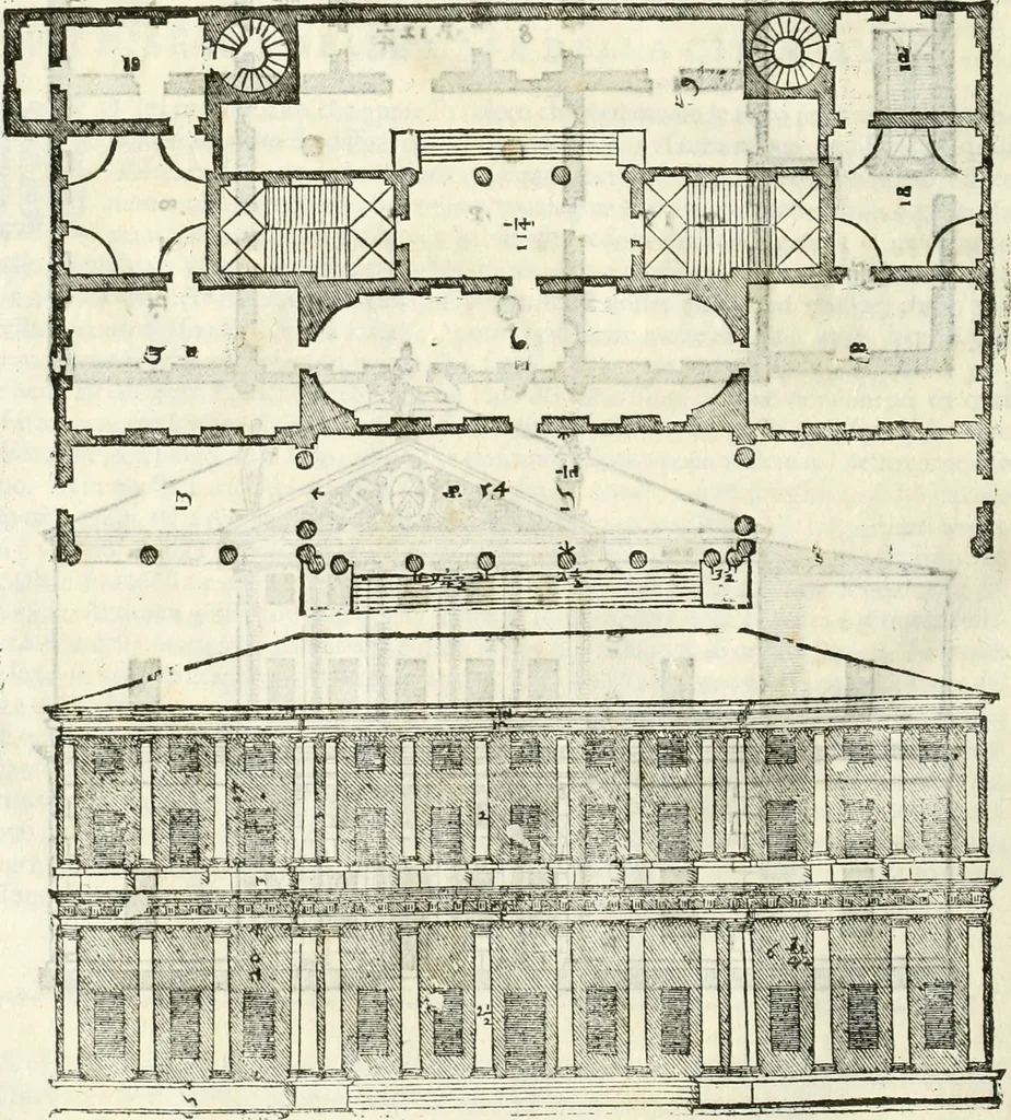 An illustration from I quattro libri dell'architettura di Andrea Palladio : ne' quali, dopò vn breue trattato de' cinque ordini, & di quelli auertimenti, che sono più necesarij nel fabricare : si tratta delle case private, delle vie, de i ponti, delle piazze, de i xisti, & de'tempij, 1616, leaf 77