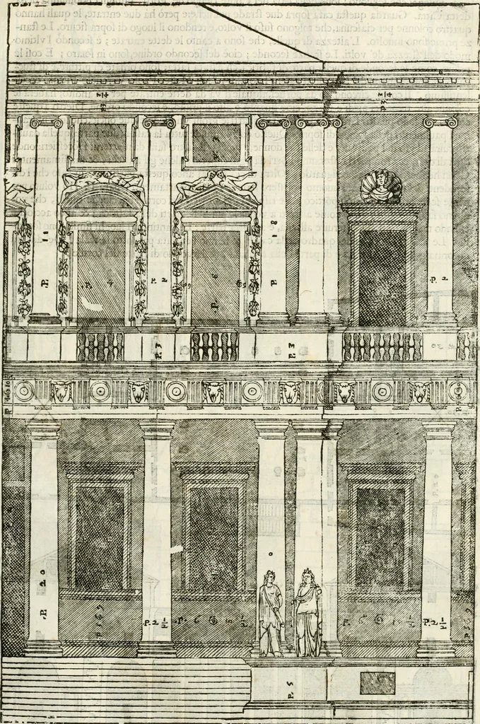 An illustration from I quattro libri dell'architettura di Andrea Palladio : ne' quali, dopò vn breue trattato de' cinque ordini, & di quelli auertimenti, che sono più necesarij nel fabricare : si tratta delle case private, delle vie, de i ponti, delle piazze, de i xisti, & de'tempij, 1616, leaf 78