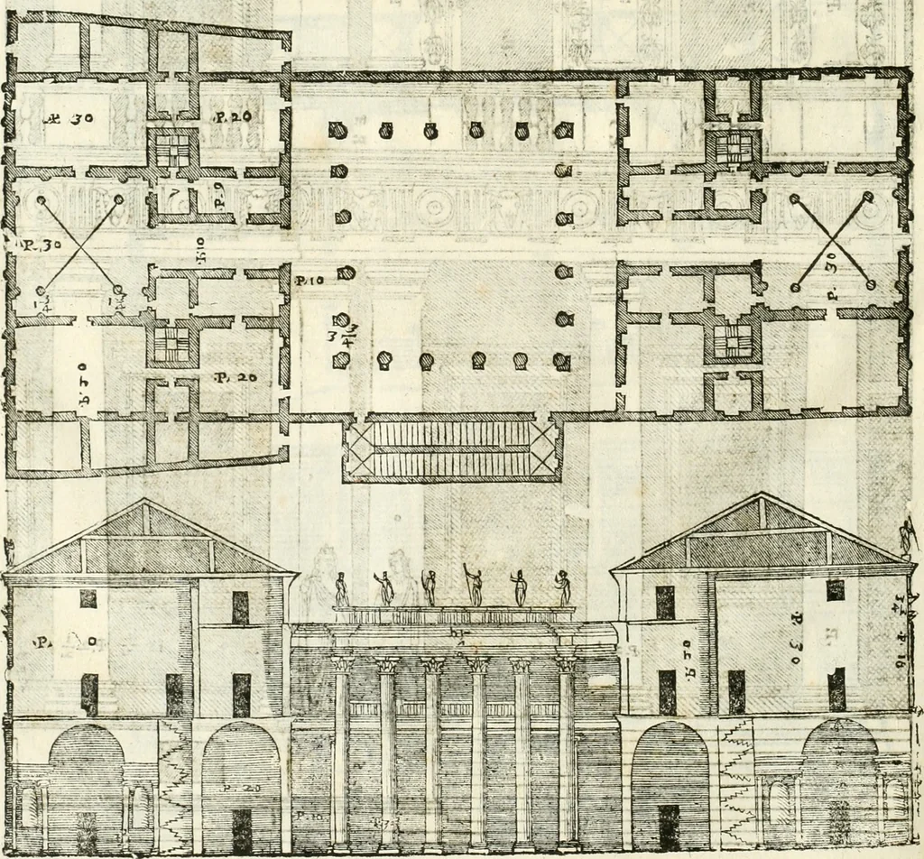 An illustration from I quattro libri dell'architettura di Andrea Palladio : ne' quali, dopò vn breue trattato de' cinque ordini, & di quelli auertimenti, che sono più necesarij nel fabricare : si tratta delle case private, delle vie, de i ponti, delle piazze, de i xisti, & de'tempij, 1616, leaf 79