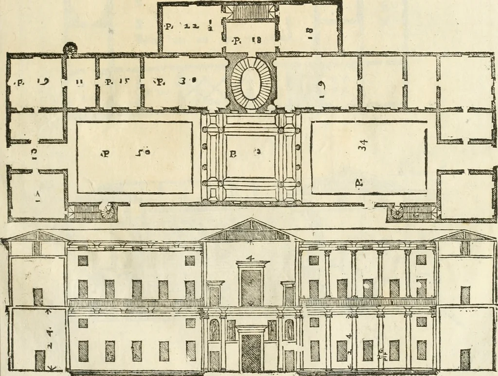 An illustration from I quattro libri dell'architettura di Andrea Palladio : ne' quali, dopò vn breue trattato de' cinque ordini, & di quelli auertimenti, che sono più necesarij nel fabricare : si tratta delle case private, delle vie, de i ponti, delle piazze, de i xisti, & de'tempij, 1616, leaf 82