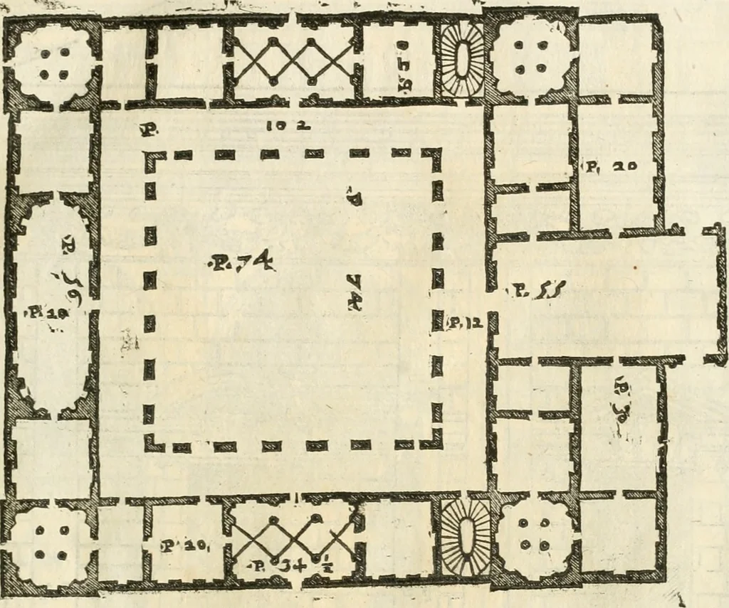 An illustration from I quattro libri dell'architettura di Andrea Palladio : ne' quali, dopò vn breue trattato de' cinque ordini, & di quelli auertimenti, che sono più necesarij nel fabricare : si tratta delle case private, delle vie, de i ponti, delle piazze, de i xisti, & de'tempij, 1616, leaf 84