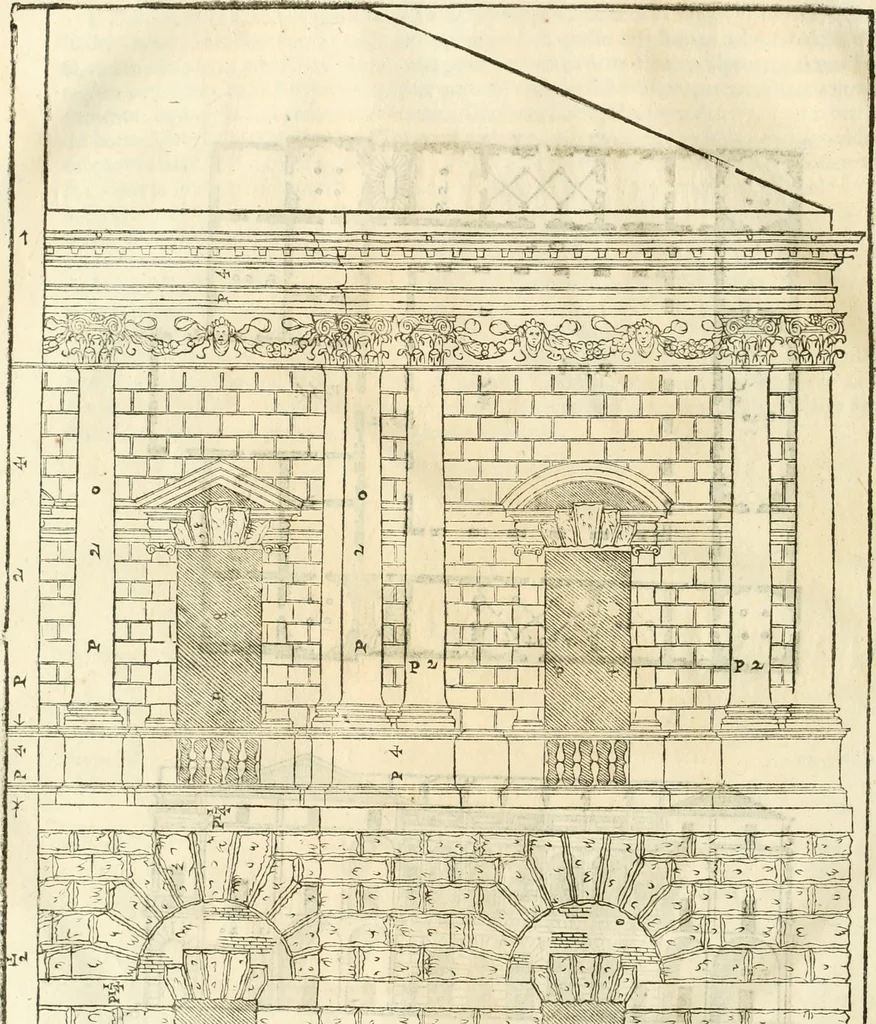 An illustration from I quattro libri dell'architettura di Andrea Palladio : ne' quali, dopò vn breue trattato de' cinque ordini, & di quelli auertimenti, che sono più necesarij nel fabricare : si tratta delle case private, delle vie, de i ponti, delle piazze, de i xisti, & de'tempij, 1616, leaf 85