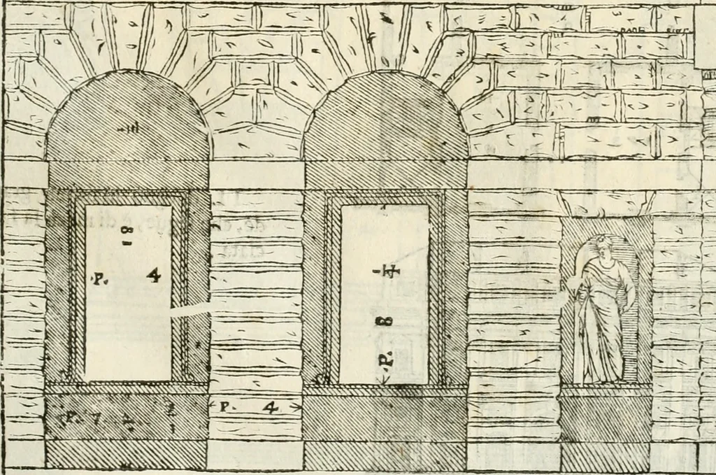 An illustration from I quattro libri dell'architettura di Andrea Palladio : ne' quali, dopò vn breue trattato de' cinque ordini, & di quelli auertimenti, che sono più necesarij nel fabricare : si tratta delle case private, delle vie, de i ponti, delle piazze, de i xisti, & de'tempij, 1616, leaf 86