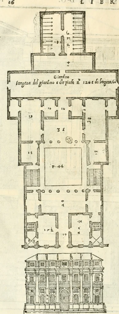An illustration from I quattro libri dell'architettura di Andrea Palladio : ne' quali, dopò vn breue trattato de' cinque ordini, & di quelli auertimenti, che sono più necesarij nel fabricare : si tratta delle case private, delle vie, de i ponti, delle piazze, de i xisti, & de'tempij, 1616, leaf 87