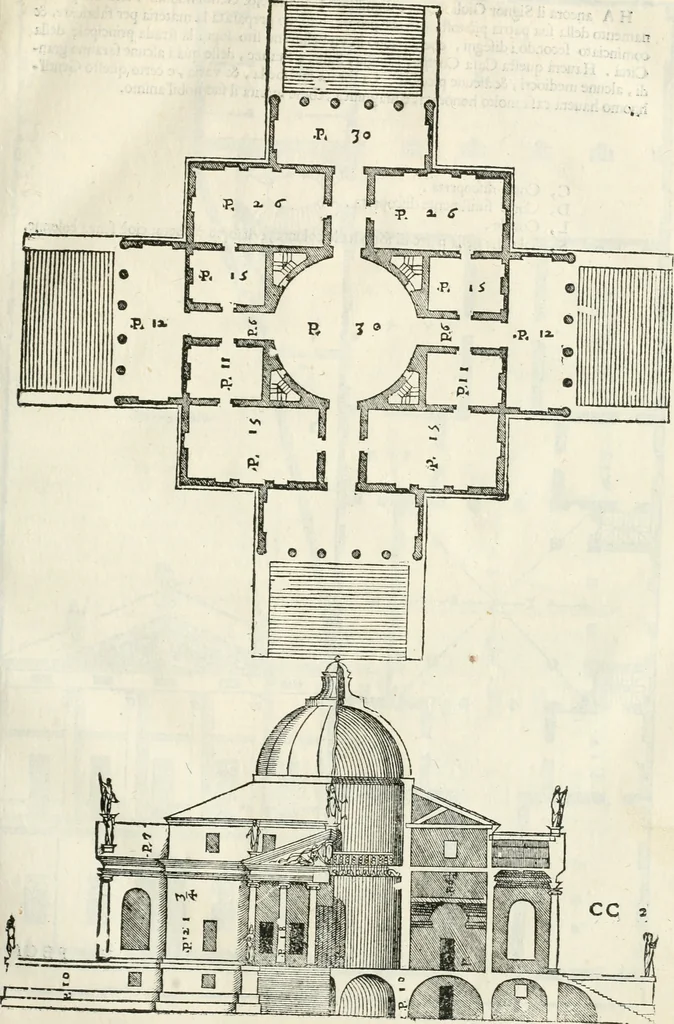 An illustration from I quattro libri dell'architettura di Andrea Palladio : ne' quali, dopò vn breue trattato de' cinque ordini, & di quelli auertimenti, che sono più necesarij nel fabricare : si tratta delle case private, delle vie, de i ponti, delle piazze, de i xisti, & de'tempij, 1616, leaf 90