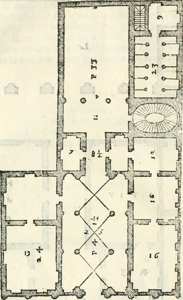 An illustration from I quattro libri dell'architettura di Andrea Palladio : ne' quali, dopò vn breue trattato de' cinque ordini, & di quelli auertimenti, che sono più necesarij nel fabricare : si tratta delle case private, delle vie, de i ponti, delle piazze, de i xisti, & de'tempij, 1616, leaf 93