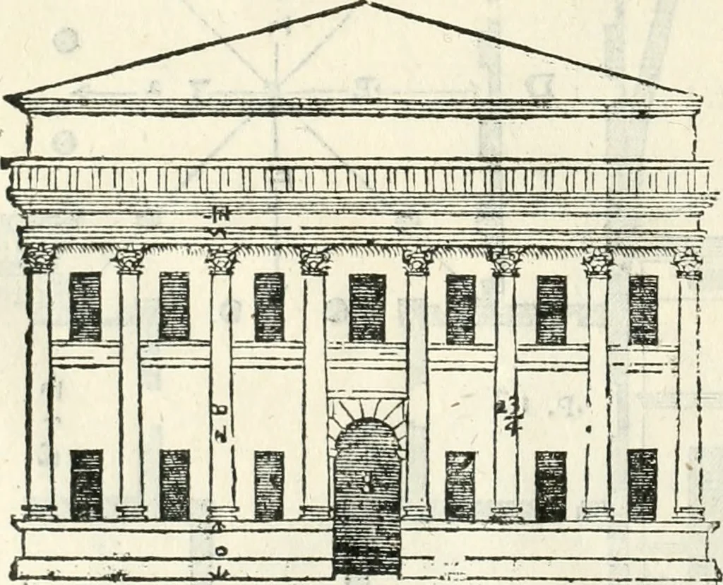 An illustration from I quattro libri dell'architettura di Andrea Palladio : ne' quali, dopò vn breue trattato de' cinque ordini, & di quelli auertimenti, che sono più necesarij nel fabricare : si tratta delle case private, delle vie, de i ponti, delle piazze, de i xisti, & de'tempij, 1616, leaf 93