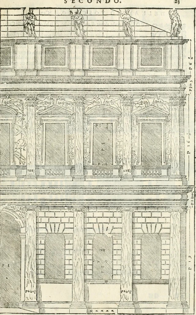 An illustration from I quattro libri dell'architettura di Andrea Palladio : ne' quali, dopò vn breue trattato de' cinque ordini, & di quelli auertimenti, che sono più necesarij nel fabricare : si tratta delle case private, delle vie, de i ponti, delle piazze, de i xisti, & de'tempij, 1616, leaf 94