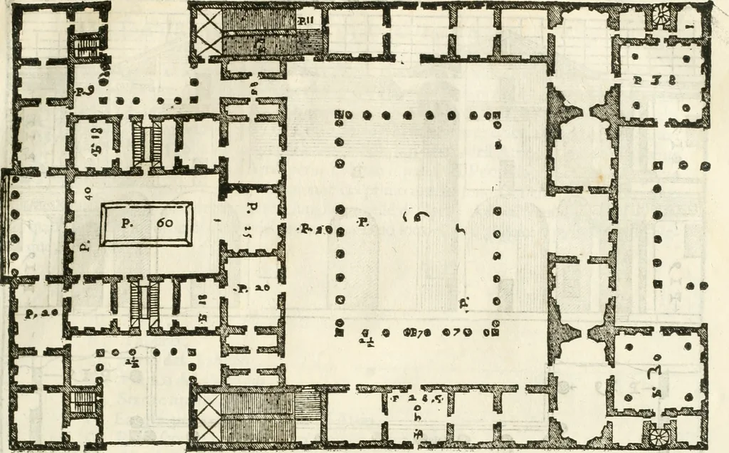 An illustration from I quattro libri dell'architettura di Andrea Palladio : ne' quali, dopò vn breue trattato de' cinque ordini, & di quelli auertimenti, che sono più necesarij nel fabricare : si tratta delle case private, delle vie, de i ponti, delle piazze, de i xisti, & de'tempij, 1616, leaf 96