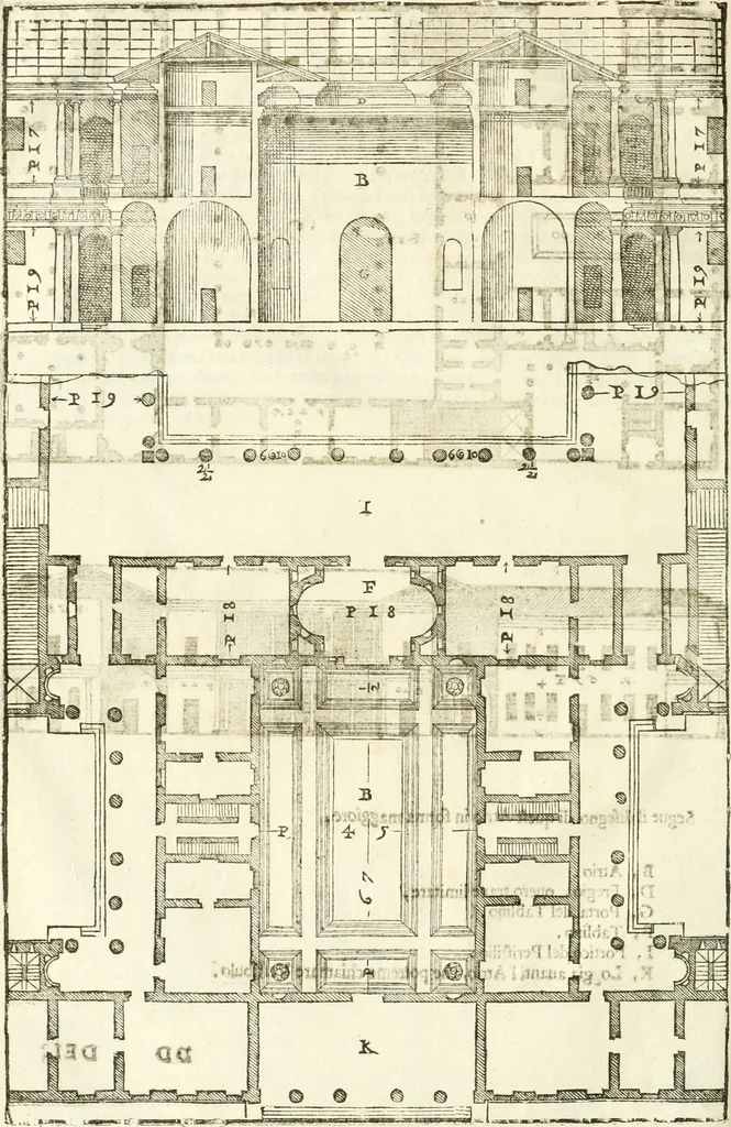 An illustration from I quattro libri dell'architettura di Andrea Palladio : ne' quali, dopò vn breue trattato de' cinque ordini, & di quelli auertimenti, che sono più necesarij nel fabricare : si tratta delle case private, delle vie, de i ponti, delle piazze, de i xisti, & de'tempij, 1616, leaf 97