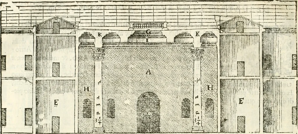 An illustration from I quattro libri dell'architettura di Andrea Palladio : ne' quali, dopò vn breue trattato de' cinque ordini, & di quelli auertimenti, che sono più necesarij nel fabricare : si tratta delle case private, delle vie, de i ponti, delle piazze, de i xisti, & de'tempij, 1616, leaf 99