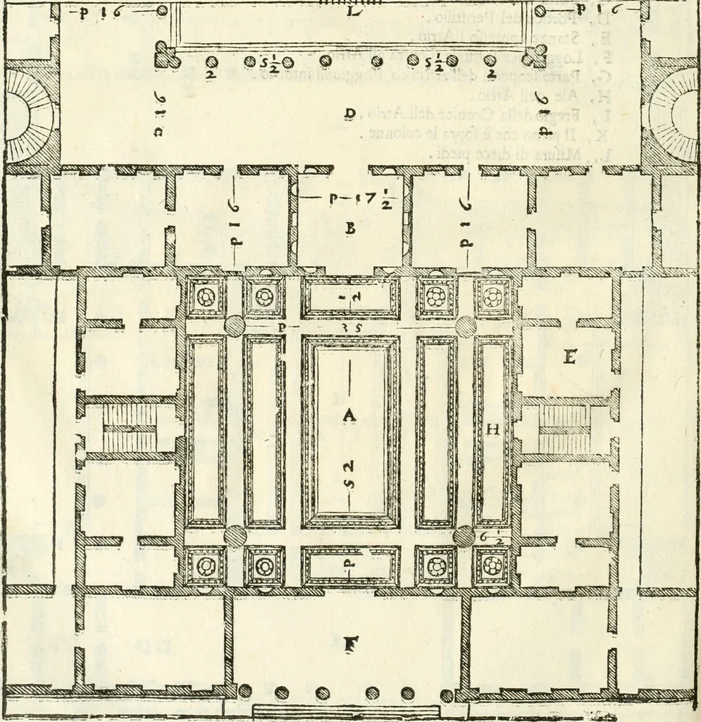 An illustration from I quattro libri dell'architettura di Andrea Palladio : ne' quali, dopò vn breue trattato de' cinque ordini, & di quelli auertimenti, che sono più necesarij nel fabricare : si tratta delle case private, delle vie, de i ponti, delle piazze, de i xisti, & de'tempij, 1616, leaf 99