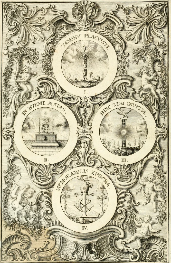An illustration from Quinquagena symbolica, in praecipua capita, et dogmata sacrae regulae SS. monachorum patris & legislatoris Benedicti, omnium justorum spiritu pleni : tanquam vera effigies reverendissimi perillustris ac amplissimi domini, domini Chrysostomi ... : inter ipsa sacerdotij Jubilei solemnia die 23. Julij orbi exhibita ab eXVLtantIbVs DeVotIs LILIgerI greMII sVI fILIIs : inseritur Conspectus edendorum fastorum campililiensium, 1741, leaf 7