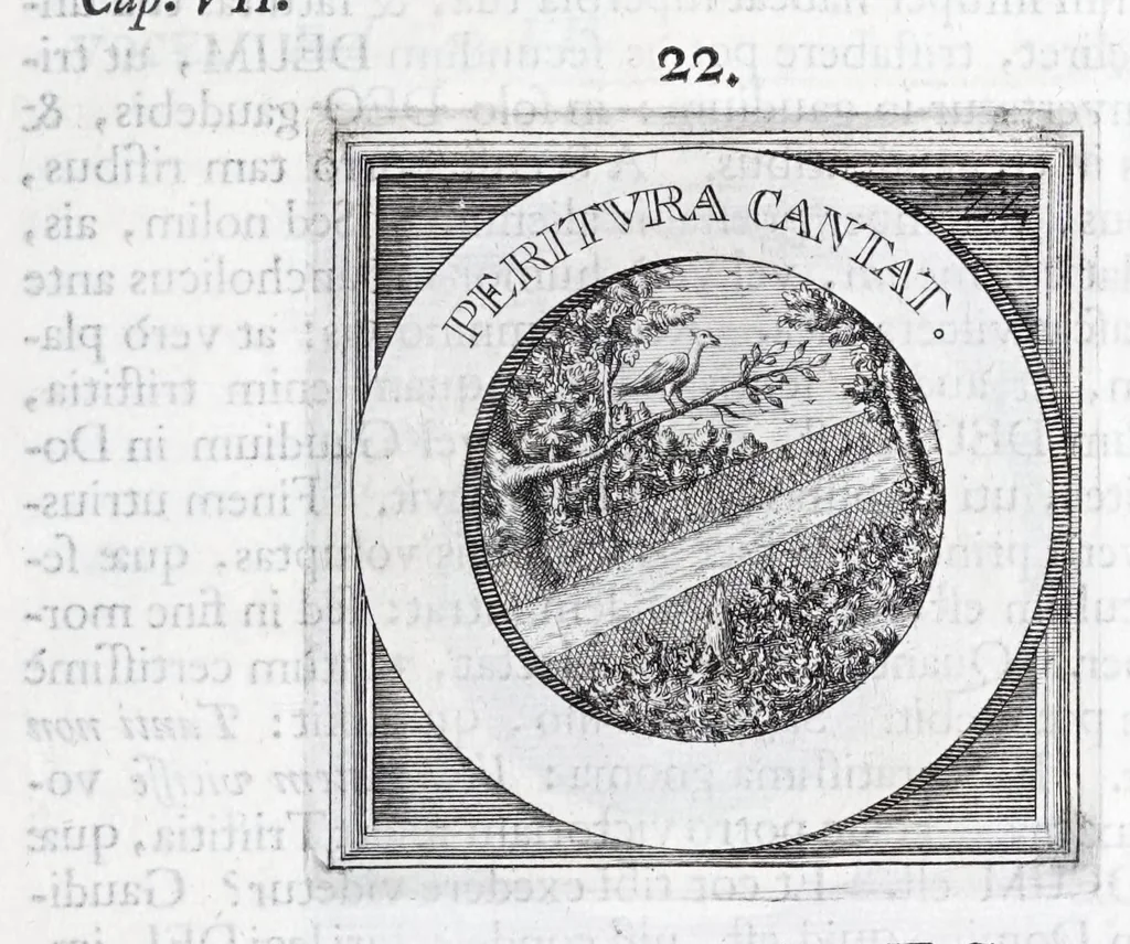 An illustration from Quinquagena symbolorum heroica, in praecipua capita et dogmata S. regulae sanctissimi monachorum patris et legislatoris Benedicti, omnium justorum spiritu pleni : ad recolligendum animum horis succisivis concepta, et exegesibus brevibus metrico-prosaicis asceticis illustrata, 1741, leaf 53