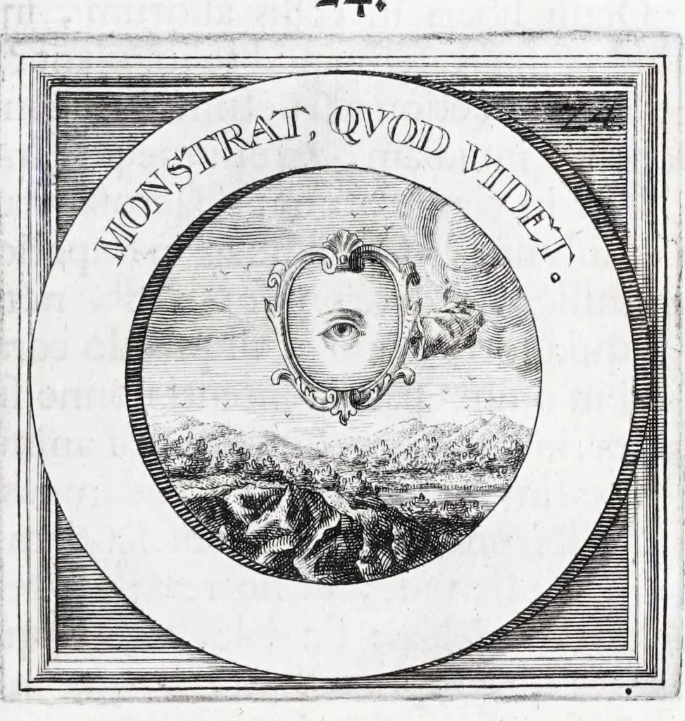 An illustration from Quinquagena symbolorum heroica, in praecipua capita et dogmata S. regulae sanctissimi monachorum patris et legislatoris Benedicti, omnium justorum spiritu pleni : ad recolligendum animum horis succisivis concepta, et exegesibus brevibus metrico-prosaicis asceticis illustrata, 1741, leaf 57