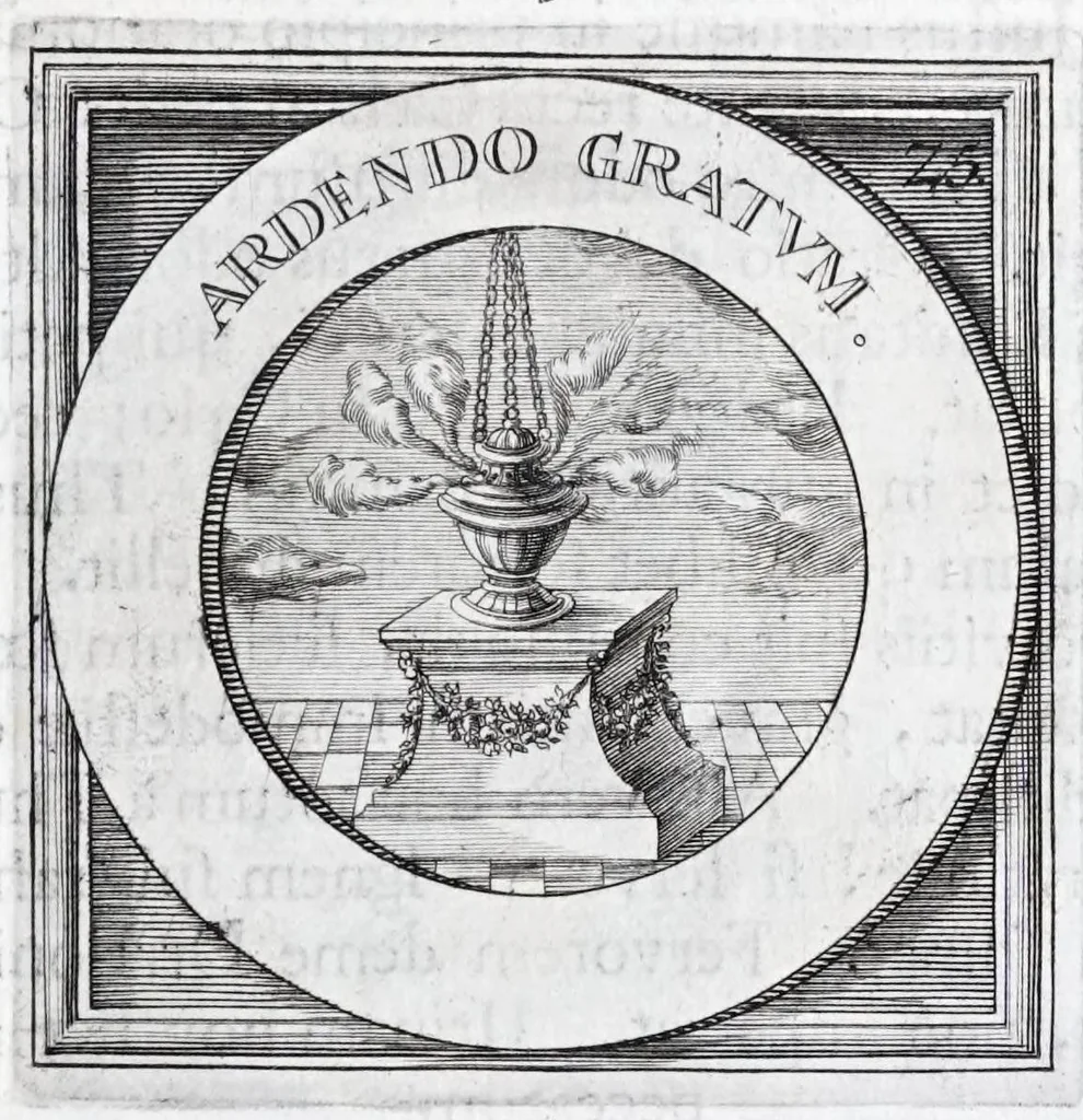 An illustration from Quinquagena symbolorum heroica, in praecipua capita et dogmata S. regulae sanctissimi monachorum patris et legislatoris Benedicti, omnium justorum spiritu pleni : ad recolligendum animum horis succisivis concepta, et exegesibus brevibus metrico-prosaicis asceticis illustrata, 1741, leaf 59