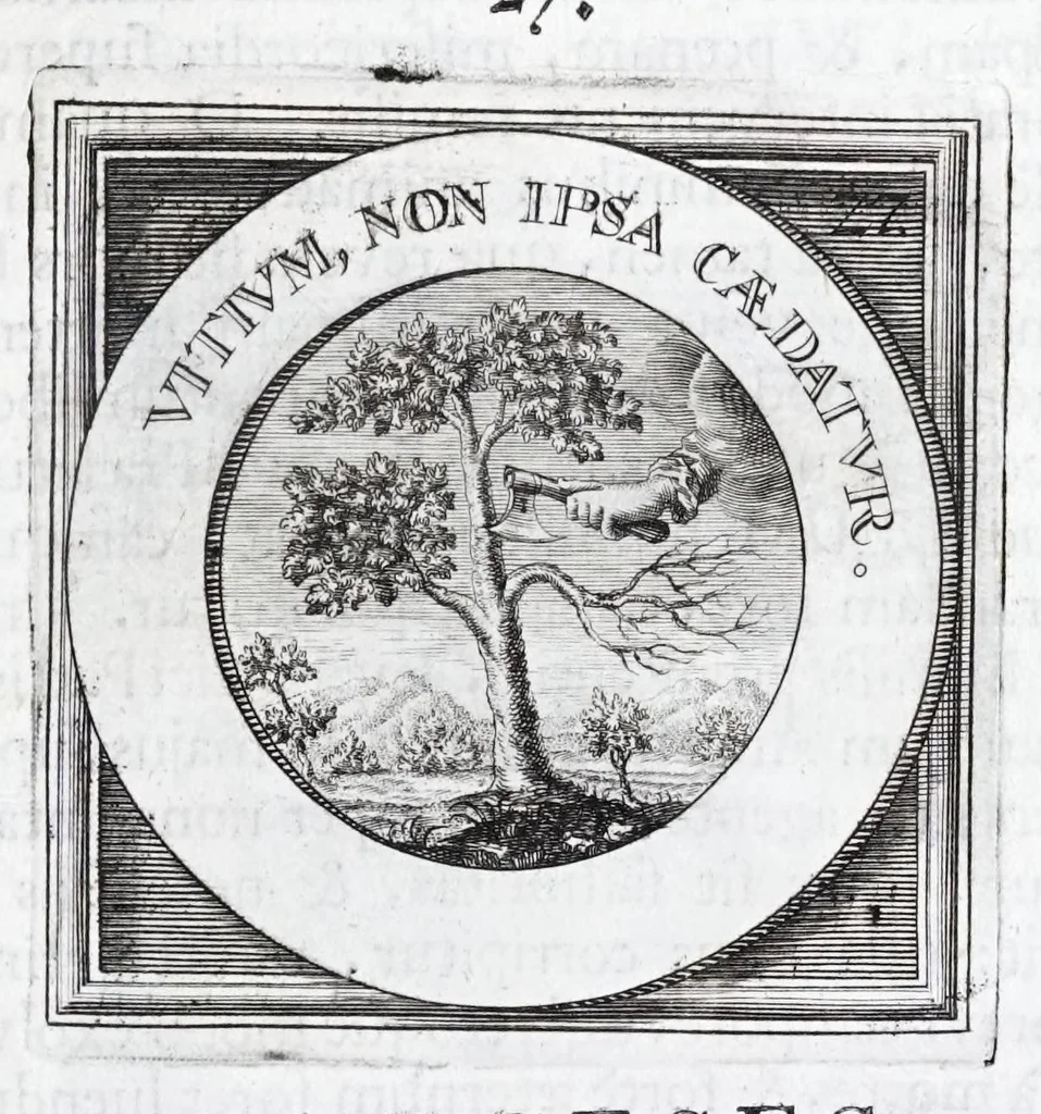 An illustration from Quinquagena symbolorum heroica, in praecipua capita et dogmata S. regulae sanctissimi monachorum patris et legislatoris Benedicti, omnium justorum spiritu pleni : ad recolligendum animum horis succisivis concepta, et exegesibus brevibus metrico-prosaicis asceticis illustrata, 1741, leaf 63