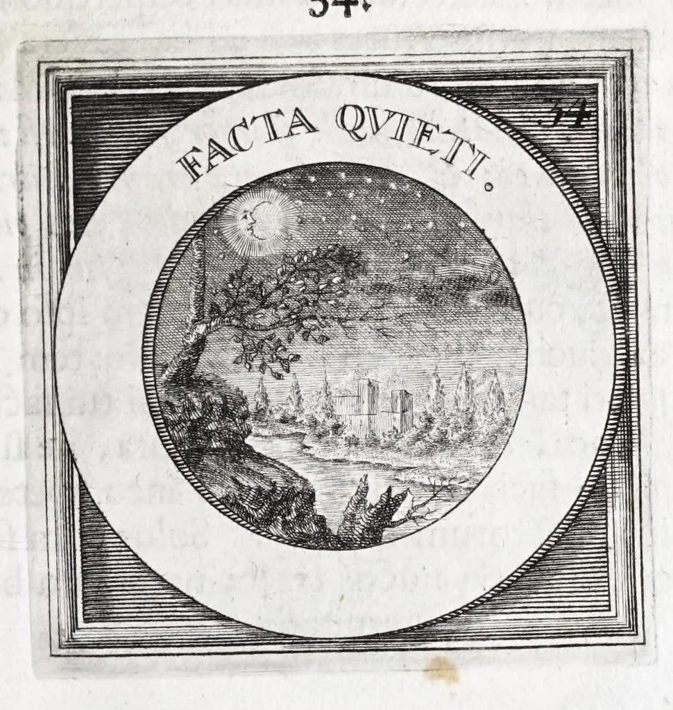 An illustration from Quinquagena symbolorum heroica, in praecipua capita et dogmata S. regulae sanctissimi monachorum patris et legislatoris Benedicti, omnium justorum spiritu pleni : ad recolligendum animum horis succisivis concepta, et exegesibus brevibus metrico-prosaicis asceticis illustrata, 1741, leaf 77