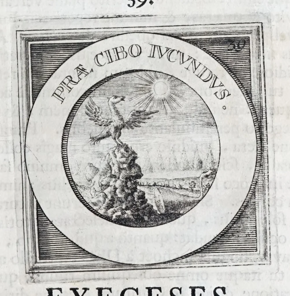 An illustration from Quinquagena symbolorum heroica, in praecipua capita et dogmata S. regulae sanctissimi monachorum patris et legislatoris Benedicti, omnium justorum spiritu pleni : ad recolligendum animum horis succisivis concepta, et exegesibus brevibus metrico-prosaicis asceticis illustrata, 1741, leaf 87
