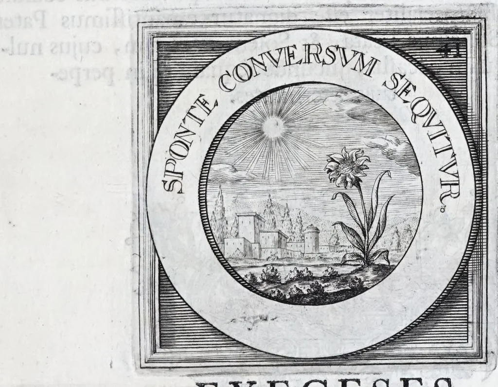 An illustration from Quinquagena symbolorum heroica, in praecipua capita et dogmata S. regulae sanctissimi monachorum patris et legislatoris Benedicti, omnium justorum spiritu pleni : ad recolligendum animum horis succisivis concepta, et exegesibus brevibus metrico-prosaicis asceticis illustrata, 1741, leaf 91