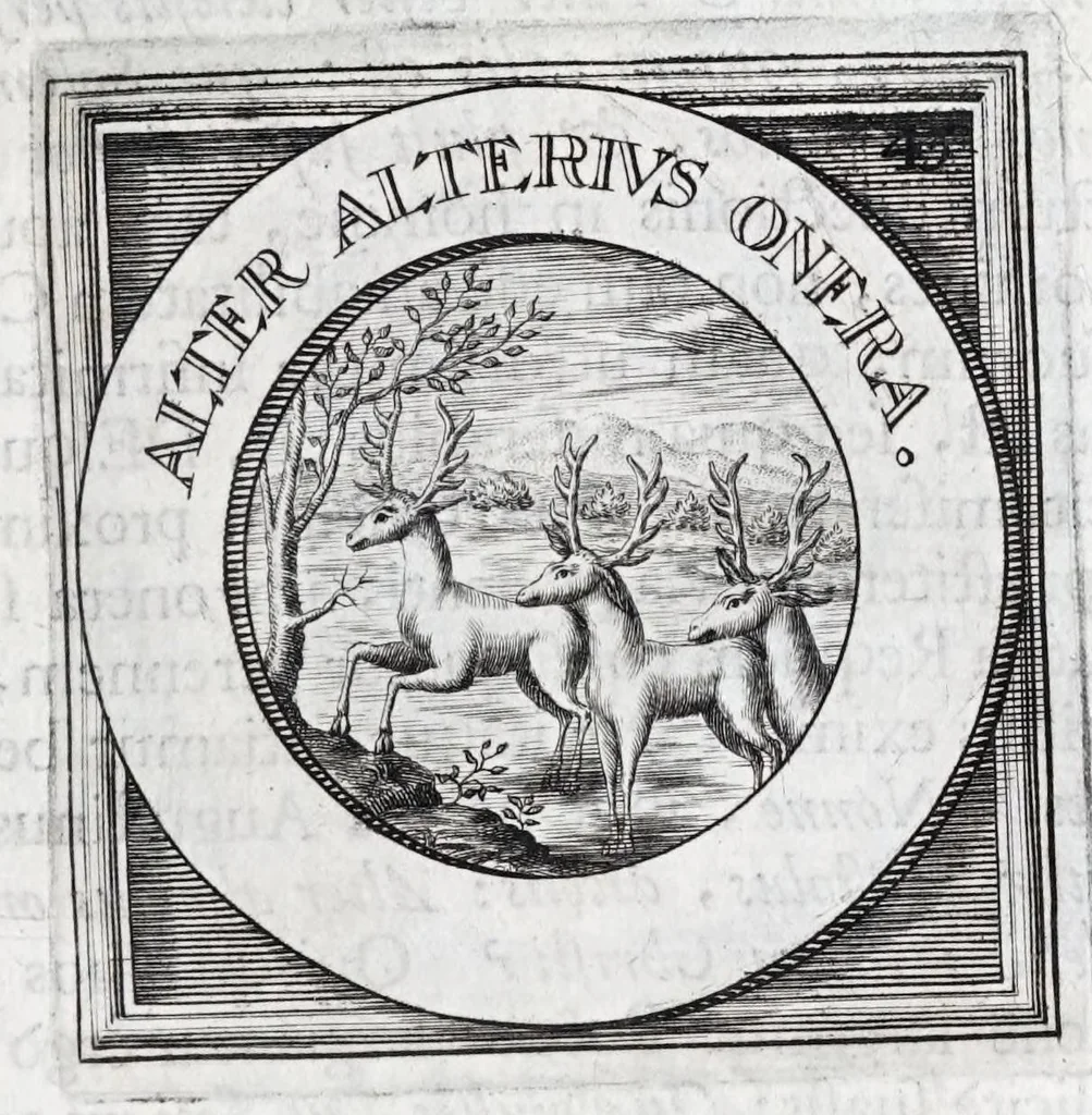 An illustration from Quinquagena symbolorum heroica, in praecipua capita et dogmata S. regulae sanctissimi monachorum patris et legislatoris Benedicti, omnium justorum spiritu pleni : ad recolligendum animum horis succisivis concepta, et exegesibus brevibus metrico-prosaicis asceticis illustrata, 1741, leaf 99