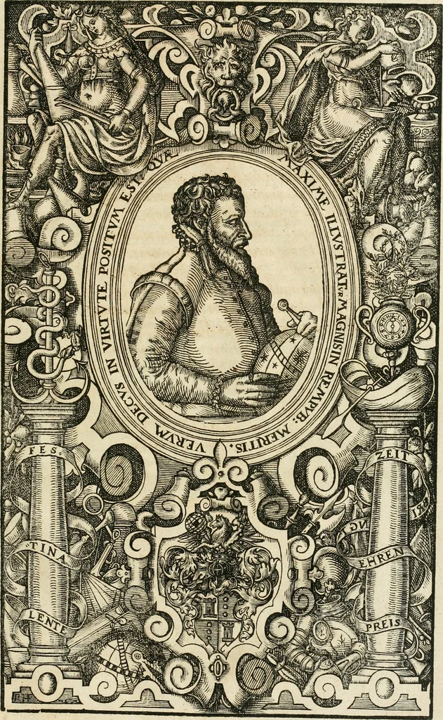 An illustration from Quinta essentia, das ist, Die höchste Subtilitet, Krafft vnd Wirckung, beyder der fürtrefflichsten, vnd menschlichem Geschlecht am nützlichsten Künsten, der Medicin vnd Alchemy : auch wie nahe diese beyde mit Sipschafft gefreund vnd verwandt sind, vnd das eine ohn beystandt der andern nicht nütz sey, oder in den menschlichen Cörpern zu wircken kein Krafft habe : Vergleichung der alten und newen Medicin, vnd wie alle Subtiliteten ausgezogen, die Element geschieden, alle Corpora gemutirt ... : jetzt von newem, sampt Eröffnung der vertunckelten Sententz, Wort vnd Namen, gemehret vnd gebessert, 1574, leaf 10