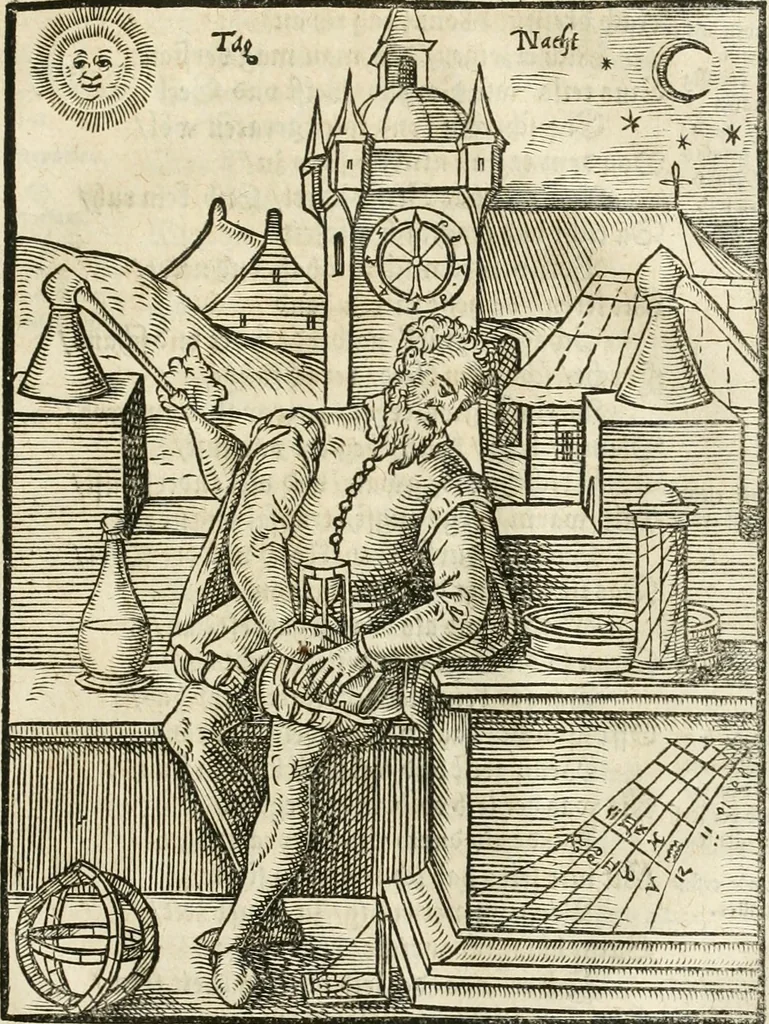 An illustration from Quinta essentia, das ist, Die höchste Subtilitet, Krafft vnd Wirckung, beyder der fürtrefflichsten, vnd menschlichem Geschlecht am nützlichsten Künsten, der Medicin vnd Alchemy : auch wie nahe diese beyde mit Sipschafft gefreund vnd verwandt sind, vnd das eine ohn beystandt der andern nicht nütz sey, oder in den menschlichen Cörpern zu wircken kein Krafft habe : Vergleichung der alten und newen Medicin, vnd wie alle Subtiliteten ausgezogen, die Element geschieden, alle Corpora gemutirt ... : jetzt von newem, sampt Eröffnung der vertunckelten Sententz, Wort vnd Namen, gemehret vnd gebessert, 1574, leaf 108