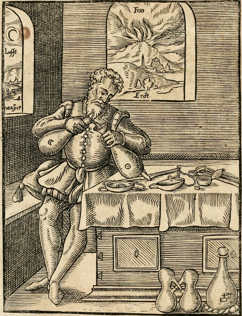 An illustration from Quinta essentia, das ist, Die höchste Subtilitet, Krafft vnd Wirckung, beyder der fürtrefflichsten, vnd menschlichem Geschlecht am nützlichsten Künsten, der Medicin vnd Alchemy : auch wie nahe diese beyde mit Sipschafft gefreund vnd verwandt sind, vnd das eine ohn beystandt der andern nicht nütz sey, oder in den menschlichen Cörpern zu wircken kein Krafft habe : Vergleichung der alten und newen Medicin, vnd wie alle Subtiliteten ausgezogen, die Element geschieden, alle Corpora gemutirt ... : jetzt von newem, sampt Eröffnung der vertunckelten Sententz, Wort vnd Namen, gemehret vnd gebessert, 1574, leaf 115