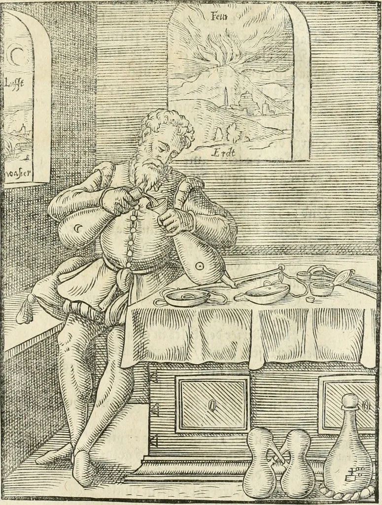 An illustration from Quinta essentia, das ist, Die höchste Subtilitet, Krafft vnd Wirckung, beyder der fürtrefflichsten, vnd menschlichem Geschlecht am nützlichsten Künsten, der Medicin vnd Alchemy : auch wie nahe diese beyde mit Sipschafft gefreund vnd verwandt sind, vnd das eine ohn beystandt der andern nicht nütz sey, oder in den menschlichen Cörpern zu wircken kein Krafft habe : Vergleichung der alten und newen Medicin, vnd wie alle Subtiliteten ausgezogen, die Element geschieden, alle Corpora gemutirt ... : jetzt von newem, sampt Eröffnung der vertunckelten Sententz, Wort vnd Namen, gemehret vnd gebessert, 1574, leaf 140