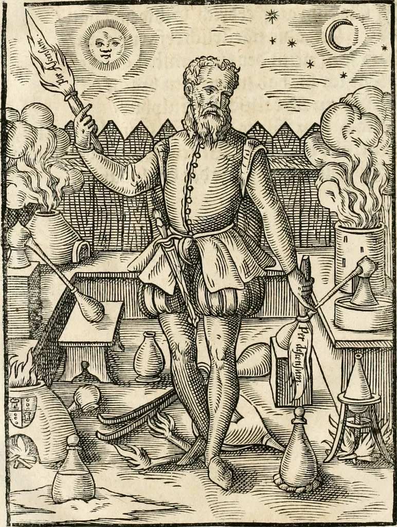 An illustration from Quinta essentia, das ist, Die höchste Subtilitet, Krafft vnd Wirckung, beyder der fürtrefflichsten, vnd menschlichem Geschlecht am nützlichsten Künsten, der Medicin vnd Alchemy : auch wie nahe diese beyde mit Sipschafft gefreund vnd verwandt sind, vnd das eine ohn beystandt der andern nicht nütz sey, oder in den menschlichen Cörpern zu wircken kein Krafft habe : Vergleichung der alten und newen Medicin, vnd wie alle Subtiliteten ausgezogen, die Element geschieden, alle Corpora gemutirt ... : jetzt von newem, sampt Eröffnung der vertunckelten Sententz, Wort vnd Namen, gemehret vnd gebessert, 1574, leaf 153
