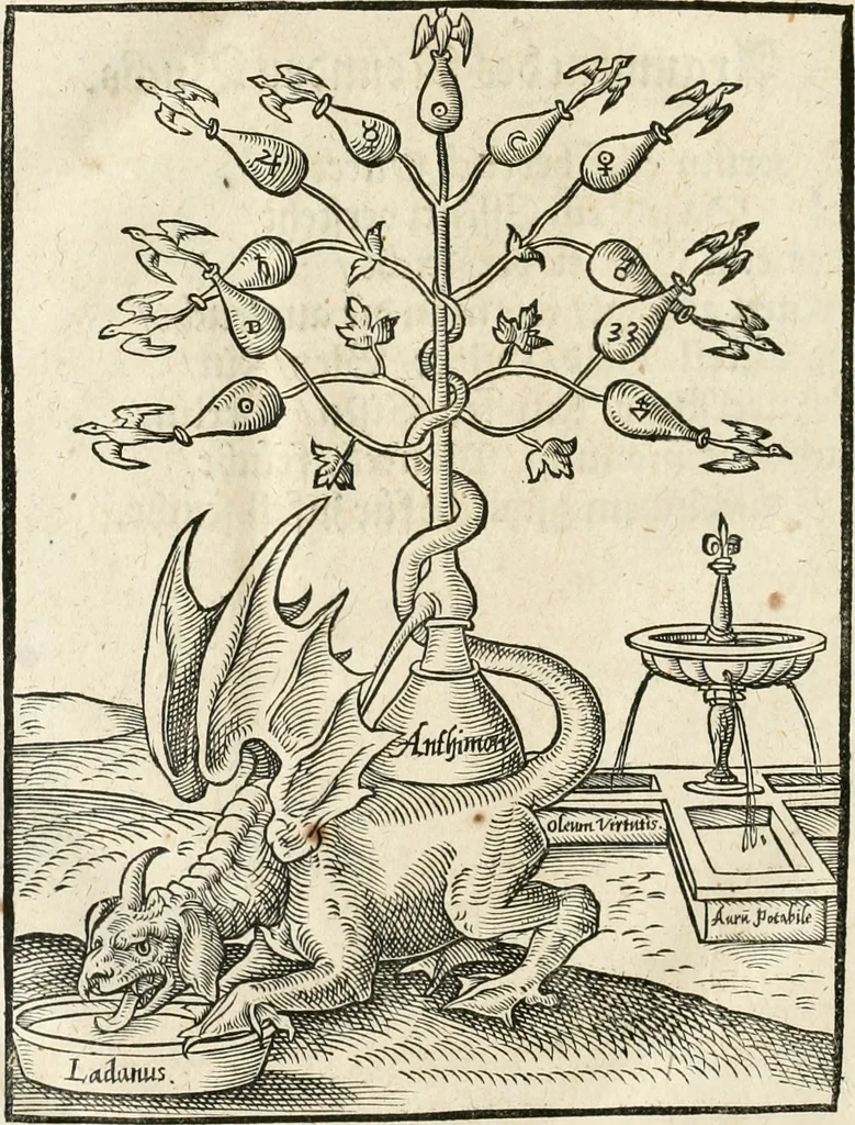An illustration from Quinta essentia, das ist, Die höchste Subtilitet, Krafft vnd Wirckung, beyder der fürtrefflichsten, vnd menschlichem Geschlecht am nützlichsten Künsten, der Medicin vnd Alchemy : auch wie nahe diese beyde mit Sipschafft gefreund vnd verwandt sind, vnd das eine ohn beystandt der andern nicht nütz sey, oder in den menschlichen Cörpern zu wircken kein Krafft habe : Vergleichung der alten und newen Medicin, vnd wie alle Subtiliteten ausgezogen, die Element geschieden, alle Corpora gemutirt ... : jetzt von newem, sampt Eröffnung der vertunckelten Sententz, Wort vnd Namen, gemehret vnd gebessert, 1574, leaf 171