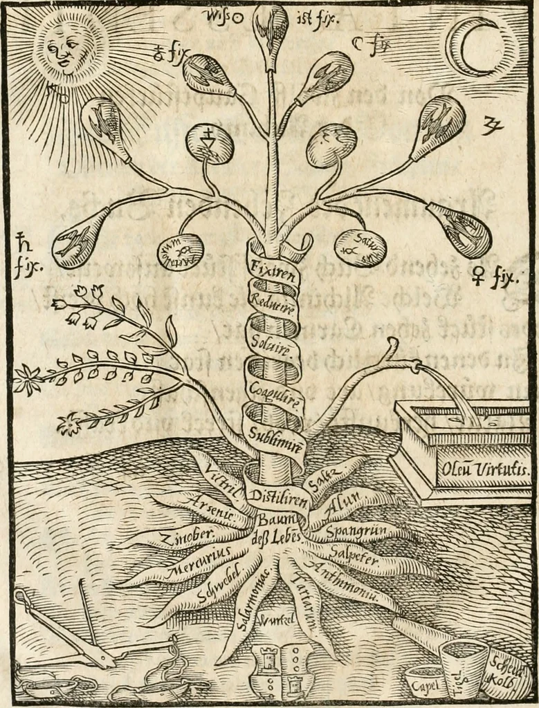 An illustration from Quinta essentia, das ist, Die höchste Subtilitet, Krafft vnd Wirckung, beyder der fürtrefflichsten, vnd menschlichem Geschlecht am nützlichsten Künsten, der Medicin vnd Alchemy : auch wie nahe diese beyde mit Sipschafft gefreund vnd verwandt sind, vnd das eine ohn beystandt der andern nicht nütz sey, oder in den menschlichen Cörpern zu wircken kein Krafft habe : Vergleichung der alten und newen Medicin, vnd wie alle Subtiliteten ausgezogen, die Element geschieden, alle Corpora gemutirt ... : jetzt von newem, sampt Eröffnung der vertunckelten Sententz, Wort vnd Namen, gemehret vnd gebessert, 1574, leaf 179