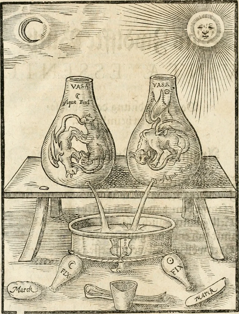 An illustration from Quinta essentia, das ist, Die höchste Subtilitet, Krafft vnd Wirckung, beyder der fürtrefflichsten, vnd menschlichem Geschlecht am nützlichsten Künsten, der Medicin vnd Alchemy : auch wie nahe diese beyde mit Sipschafft gefreund vnd verwandt sind, vnd das eine ohn beystandt der andern nicht nütz sey, oder in den menschlichen Cörpern zu wircken kein Krafft habe : Vergleichung der alten und newen Medicin, vnd wie alle Subtiliteten ausgezogen, die Element geschieden, alle Corpora gemutirt ... : jetzt von newem, sampt Eröffnung der vertunckelten Sententz, Wort vnd Namen, gemehret vnd gebessert, 1574, leaf 191